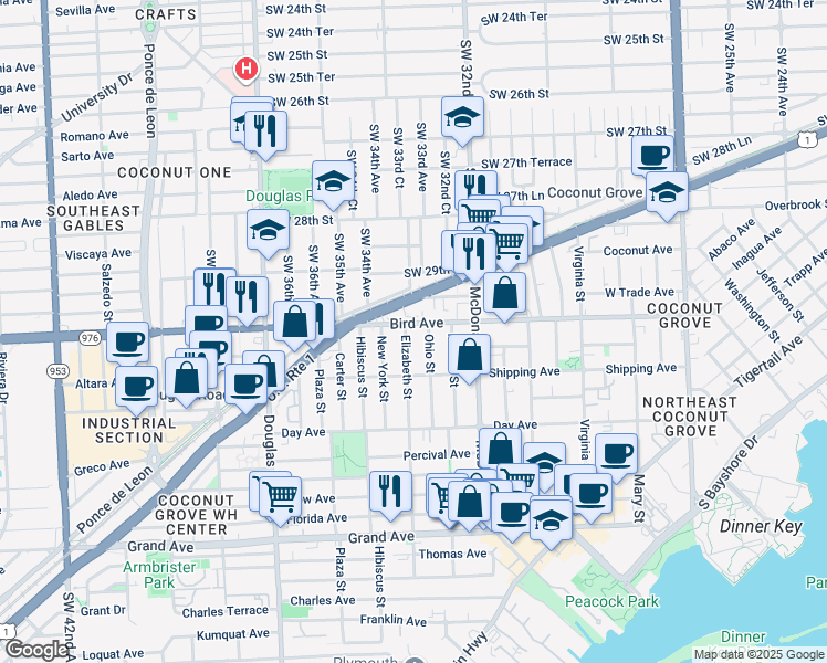 map of restaurants, bars, coffee shops, grocery stores, and more near 3356 Bird Avenue in Miami