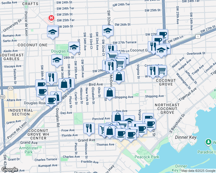 map of restaurants, bars, coffee shops, grocery stores, and more near 3204 Bird Avenue in Miami