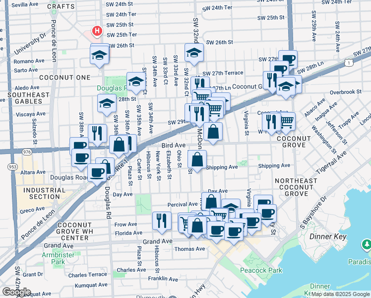 map of restaurants, bars, coffee shops, grocery stores, and more near 3247 Bird Avenue in Miami
