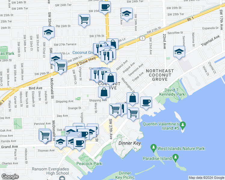 map of restaurants, bars, coffee shops, grocery stores, and more near 3031 Southwest 27th Avenue in Miami