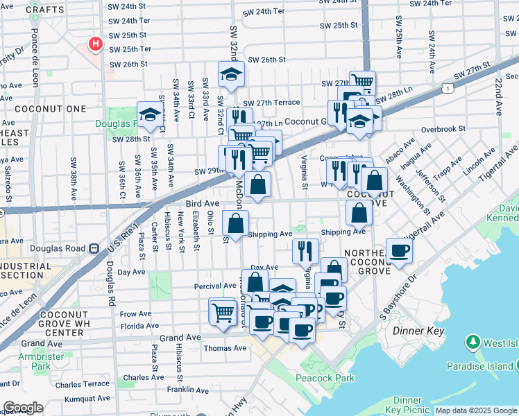 map of restaurants, bars, coffee shops, grocery stores, and more near 3100 Matilda Street in Miami