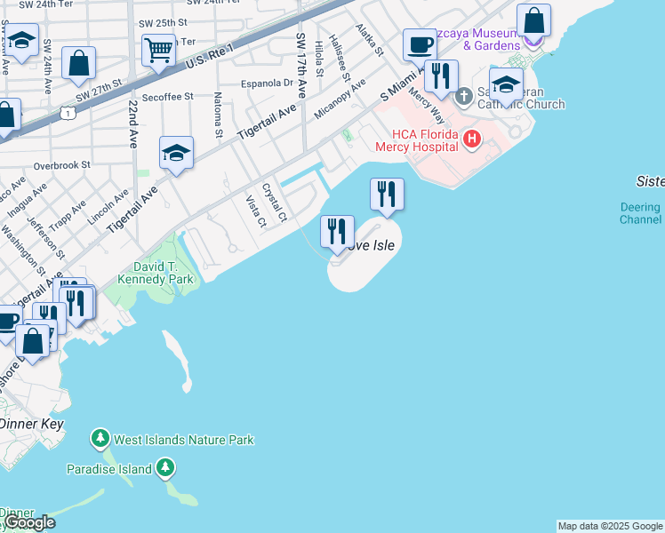 map of restaurants, bars, coffee shops, grocery stores, and more near 1 Grove Isle Drive in Miami
