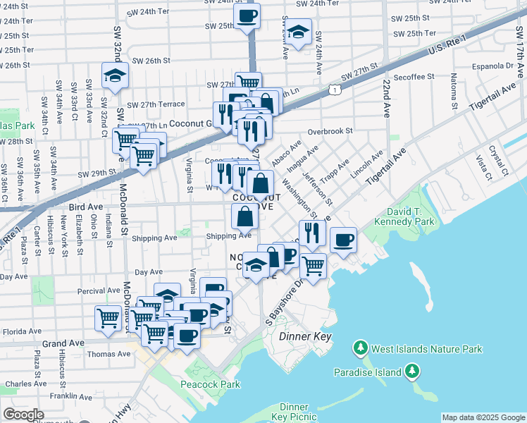 map of restaurants, bars, coffee shops, grocery stores, and more near in Miami