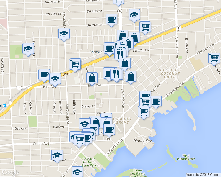 map of restaurants, bars, coffee shops, grocery stores, and more near 2859 Bird Avenue in Miami
