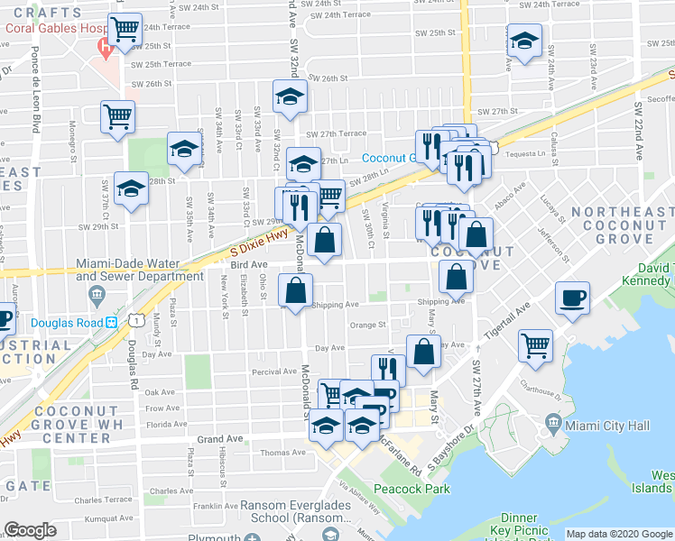 map of restaurants, bars, coffee shops, grocery stores, and more near 3100 Matilda Street in Miami