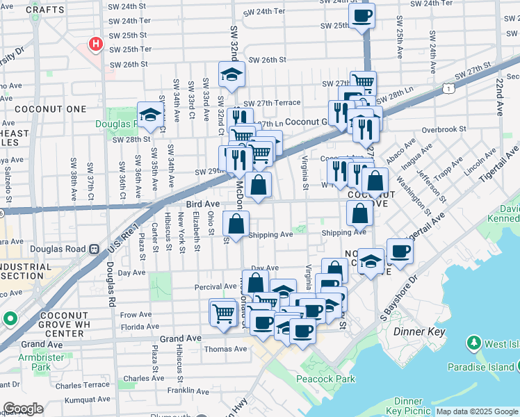 map of restaurants, bars, coffee shops, grocery stores, and more near 3100 Matilda Street in Miami