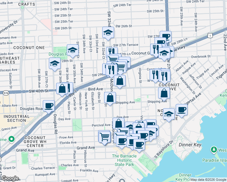 map of restaurants, bars, coffee shops, grocery stores, and more near 2999 McDonald Street in Miami