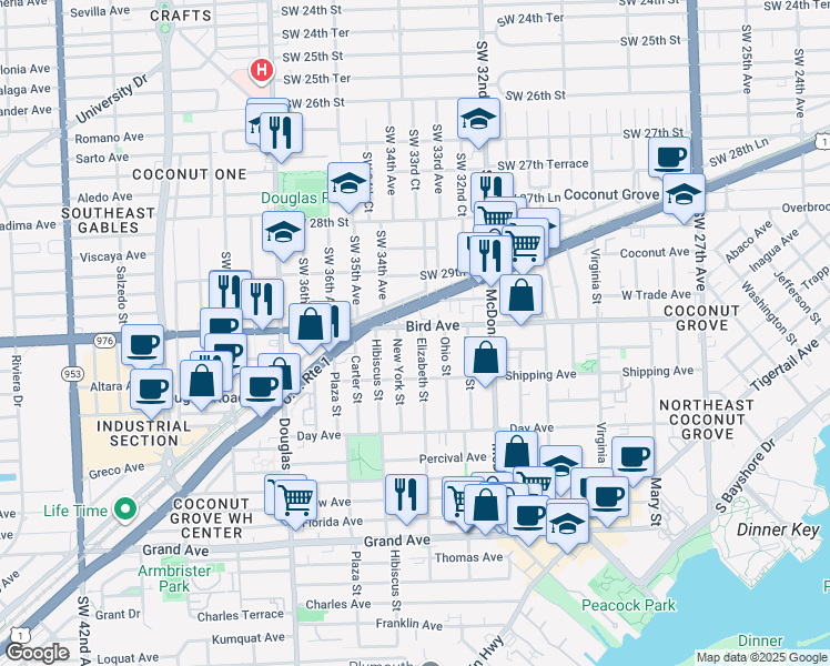 map of restaurants, bars, coffee shops, grocery stores, and more near 3375 Bird Avenue in Miami