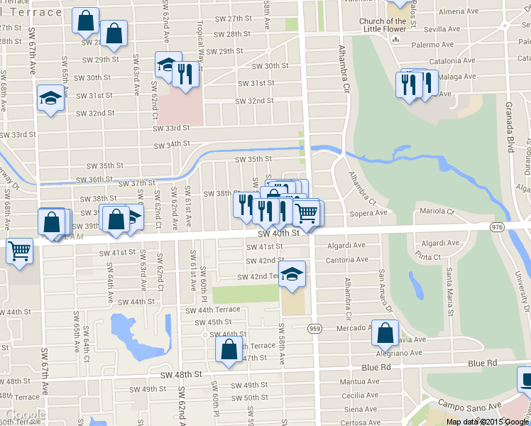 map of restaurants, bars, coffee shops, grocery stores, and more near 5795 Southwest 39th Street in Miami
