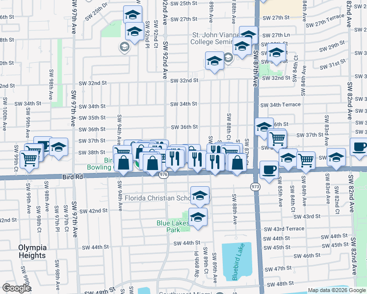 map of restaurants, bars, coffee shops, grocery stores, and more near 3711 Southwest 90th Avenue in Miami