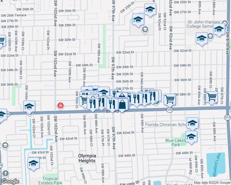 map of restaurants, bars, coffee shops, grocery stores, and more near 9701 Southwest 37th Terrace in Miami