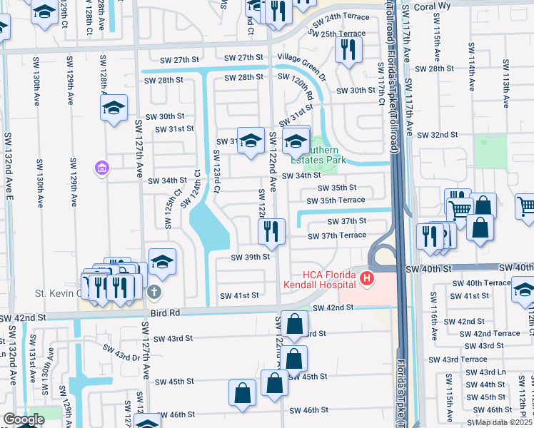 map of restaurants, bars, coffee shops, grocery stores, and more near 3541 Southwest 122nd Court in Miami