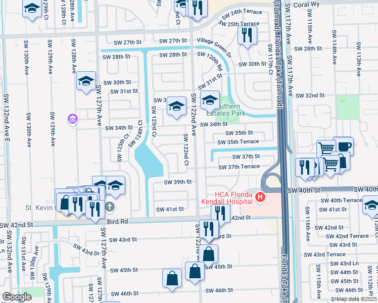 map of restaurants, bars, coffee shops, grocery stores, and more near 3541 Southwest 122nd Court in Miami