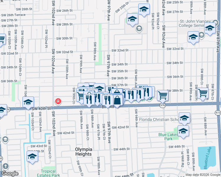 map of restaurants, bars, coffee shops, grocery stores, and more near 9701 Southwest 37th Terrace in Miami