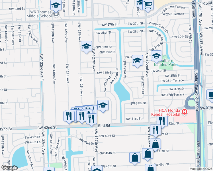 map of restaurants, bars, coffee shops, grocery stores, and more near 3520 Southwest 125th Court in Miami
