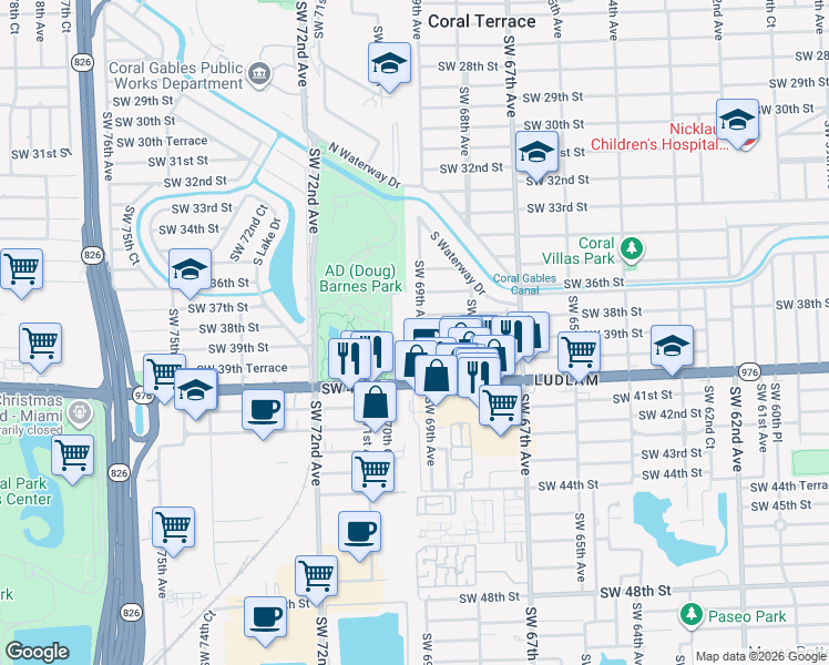 map of restaurants, bars, coffee shops, grocery stores, and more near 3820 Southwest 69th Avenue in Miami