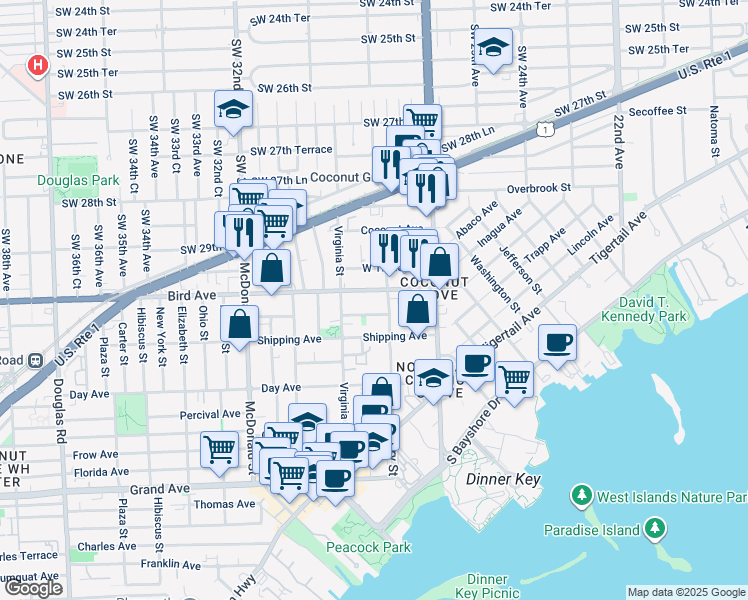 map of restaurants, bars, coffee shops, grocery stores, and more near 2969 Bird Avenue in Miami