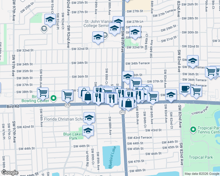 map of restaurants, bars, coffee shops, grocery stores, and more near 3711 Southwest 87th Place in Miami