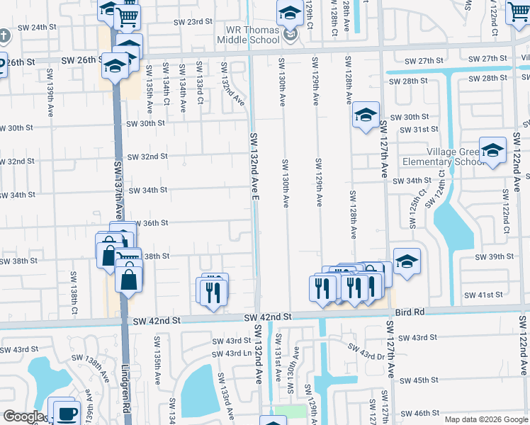 map of restaurants, bars, coffee shops, grocery stores, and more near 3505 Southwest 132nd Avenue East in Miami