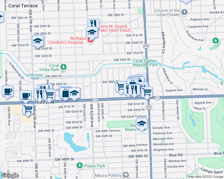 map of restaurants, bars, coffee shops, grocery stores, and more near 3825 Southwest 60th Court in Miami