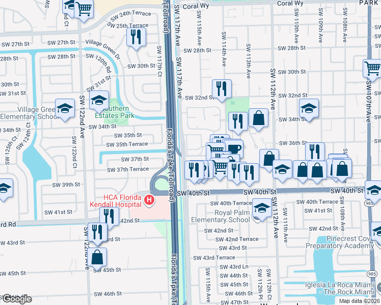 map of restaurants, bars, coffee shops, grocery stores, and more near 360 Southwest 116th Place in Miami