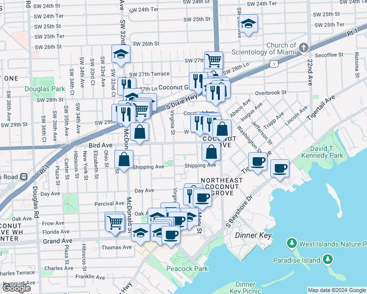 map of restaurants, bars, coffee shops, grocery stores, and more near 2969 Bird Avenue in Miami
