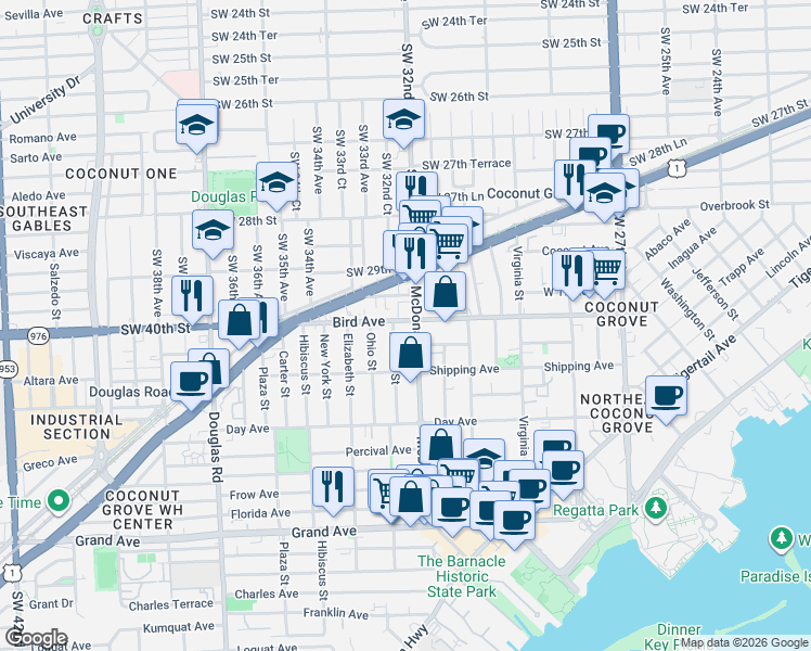 map of restaurants, bars, coffee shops, grocery stores, and more near 3247 Bird Avenue in Miami