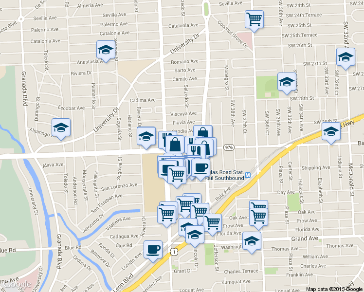 map of restaurants, bars, coffee shops, grocery stores, and more near 308 Velarde Avenue in Coral Gables