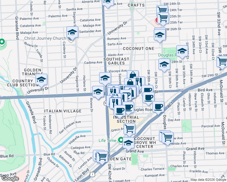 map of restaurants, bars, coffee shops, grocery stores, and more near 308 Velarde Avenue in Coral Gables
