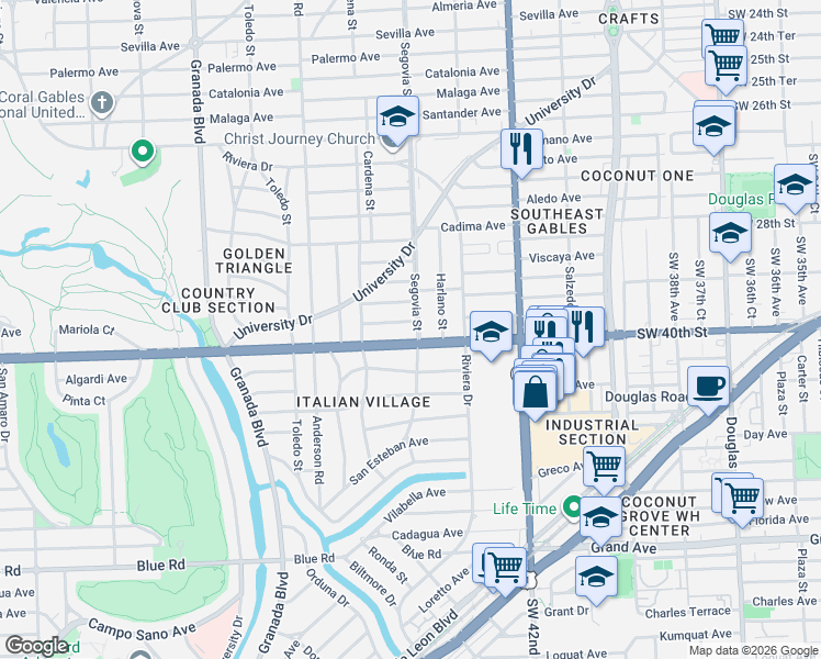 map of restaurants, bars, coffee shops, grocery stores, and more near 607 Velarde Avenue in Coral Gables