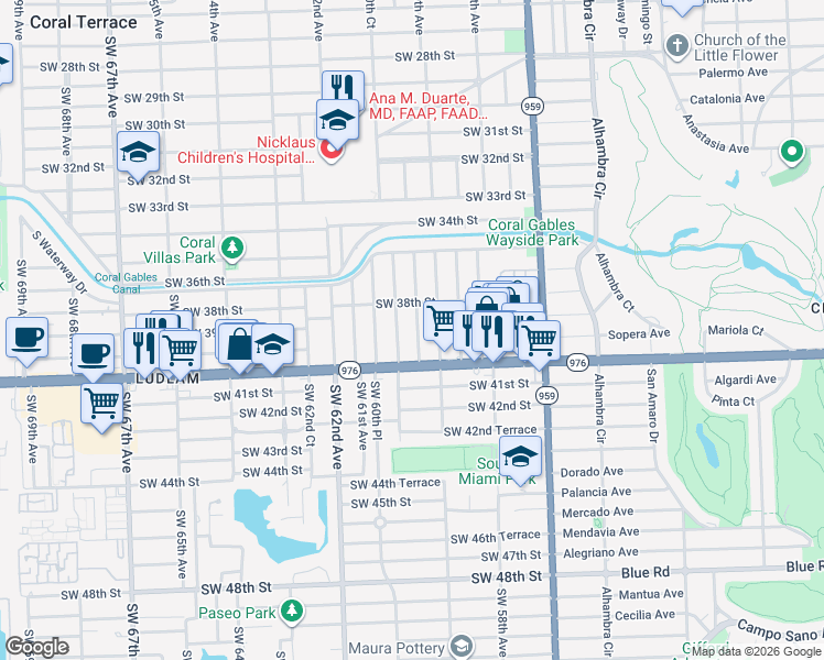 map of restaurants, bars, coffee shops, grocery stores, and more near 3825 Southwest 60th Court in Miami
