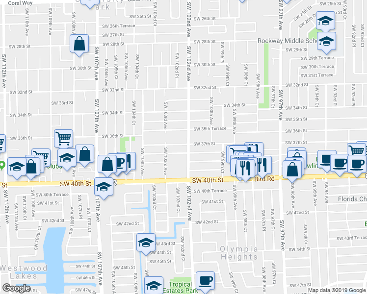 map of restaurants, bars, coffee shops, grocery stores, and more near 3621 Southwest 102nd Avenue in Miami