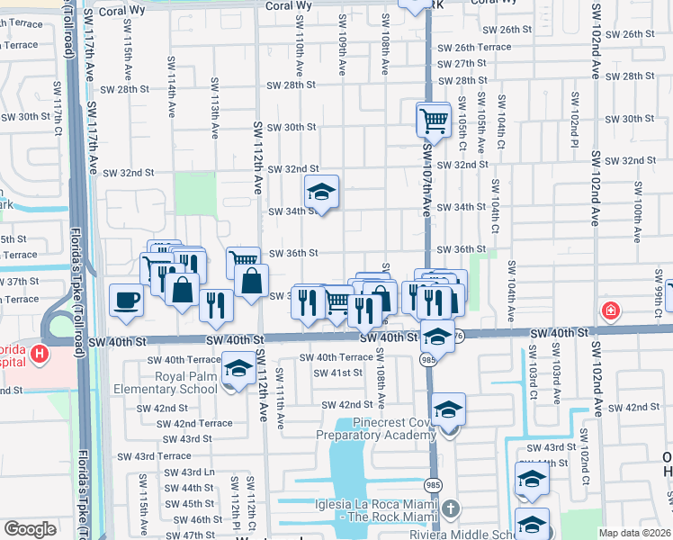 map of restaurants, bars, coffee shops, grocery stores, and more near 3621 Southwest 109th Avenue in Miami