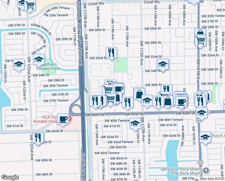 map of restaurants, bars, coffee shops, grocery stores, and more near 3600 Southwest 36th Street in Miami
