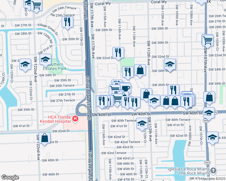 map of restaurants, bars, coffee shops, grocery stores, and more near 3600 Southwest 36th Street in Miami