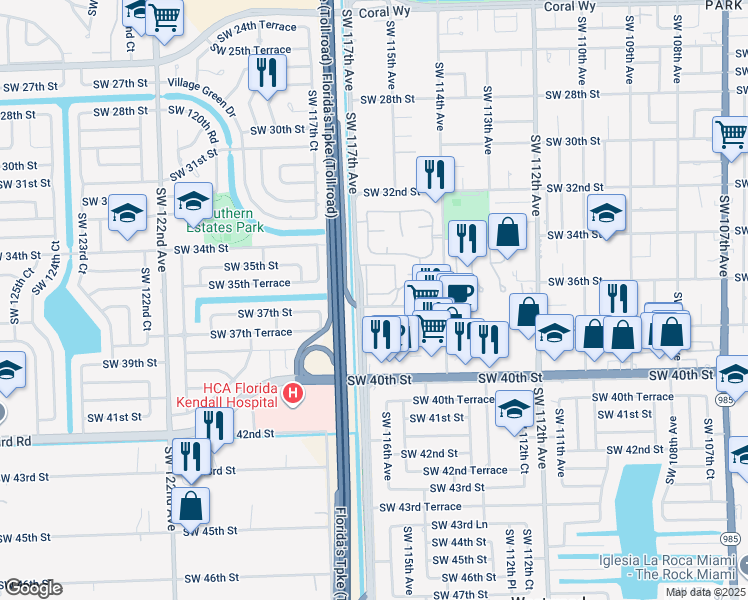 map of restaurants, bars, coffee shops, grocery stores, and more near 360 Southwest 116th Place in Miami