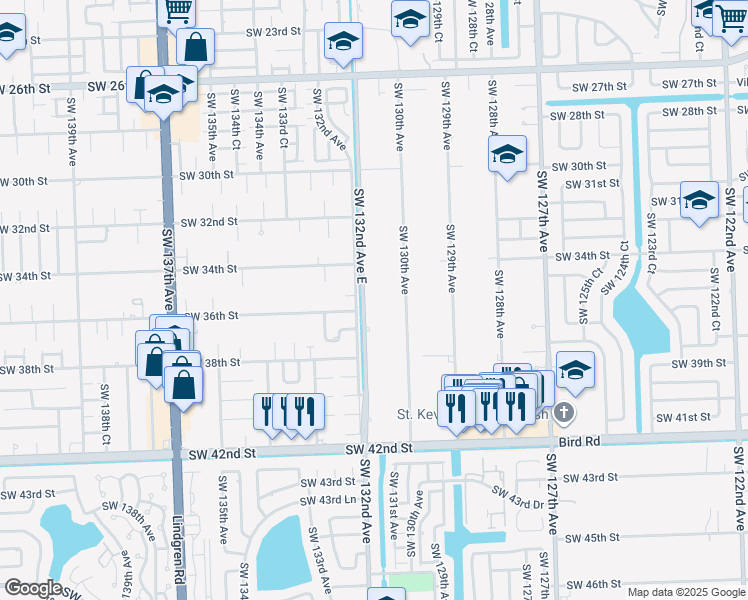 map of restaurants, bars, coffee shops, grocery stores, and more near 3505 Southwest 132nd Avenue East in Miami