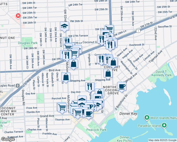 map of restaurants, bars, coffee shops, grocery stores, and more near 3000 Bird Avenue in Miami