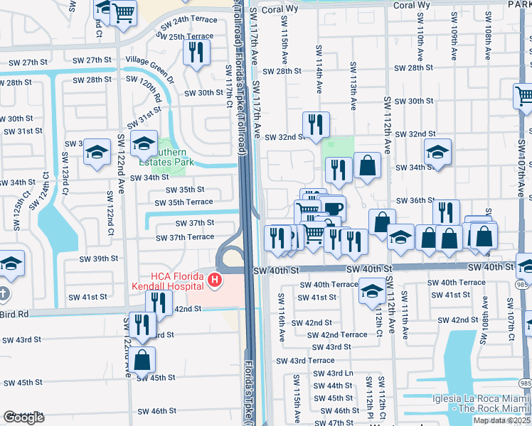 map of restaurants, bars, coffee shops, grocery stores, and more near 360 Southwest 116th Place in Miami