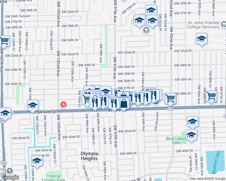 map of restaurants, bars, coffee shops, grocery stores, and more near 9701 Southwest 37th Terrace in Miami