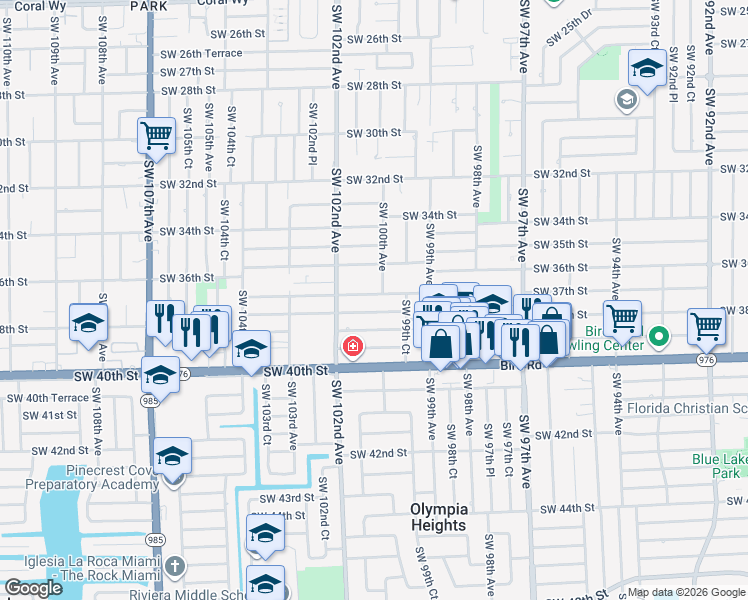 map of restaurants, bars, coffee shops, grocery stores, and more near 10020 Southwest 37th Street in Miami