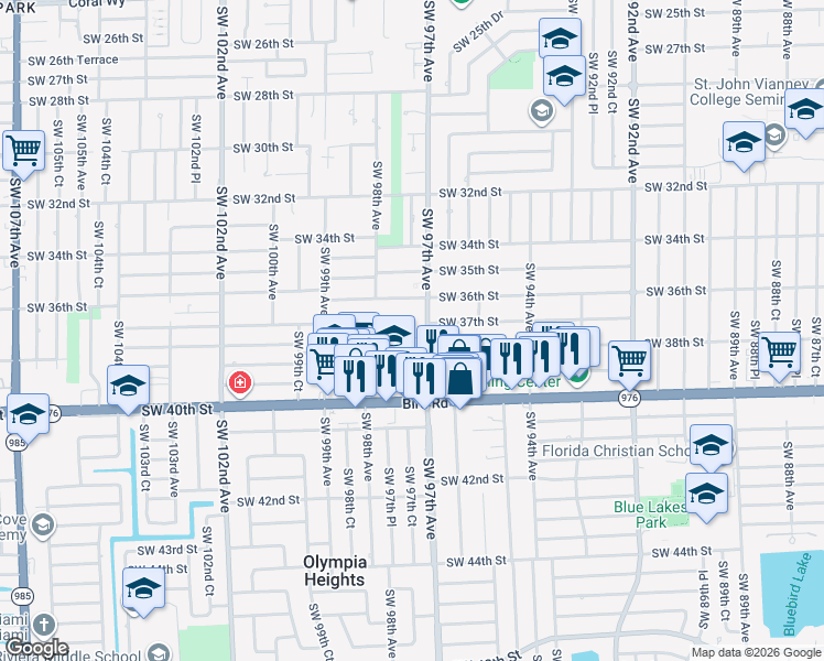 map of restaurants, bars, coffee shops, grocery stores, and more near 9701 Southwest 37th Terrace in Miami