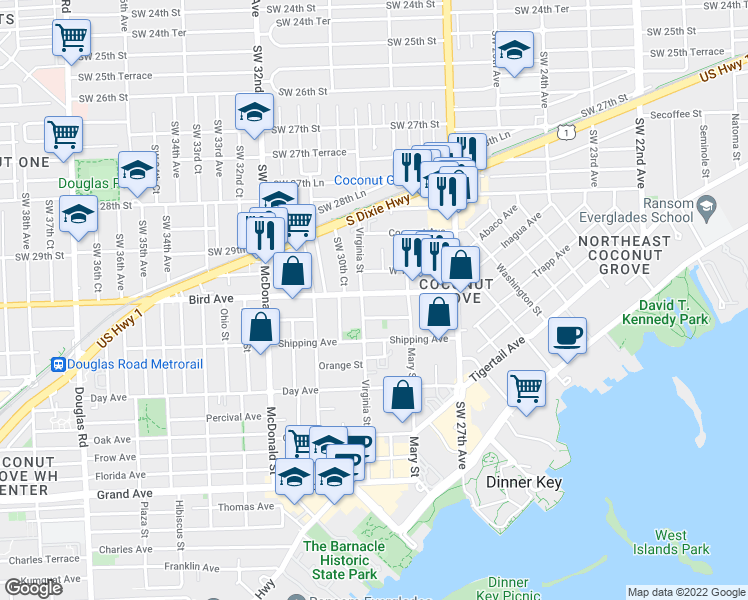 map of restaurants, bars, coffee shops, grocery stores, and more near 2969 Bird Avenue in Miami