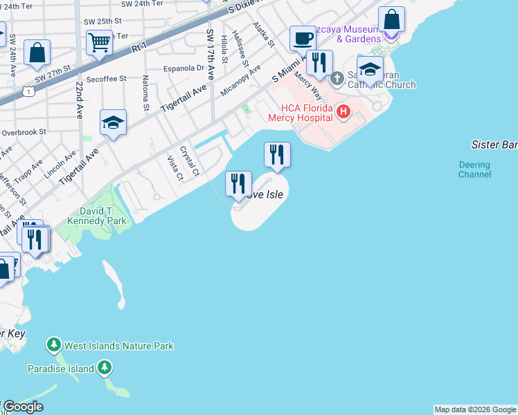 map of restaurants, bars, coffee shops, grocery stores, and more near 1 Grove Isle Drive in Miami