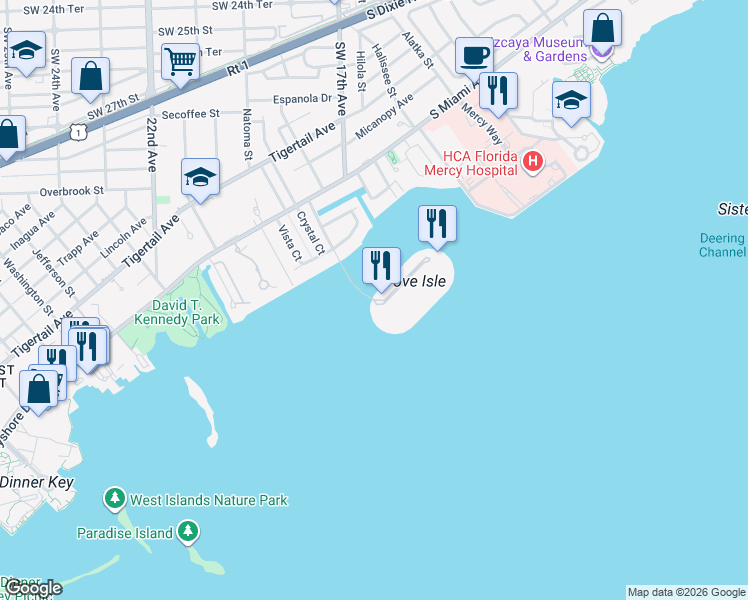 map of restaurants, bars, coffee shops, grocery stores, and more near 1 Grove Isle Drive in Miami