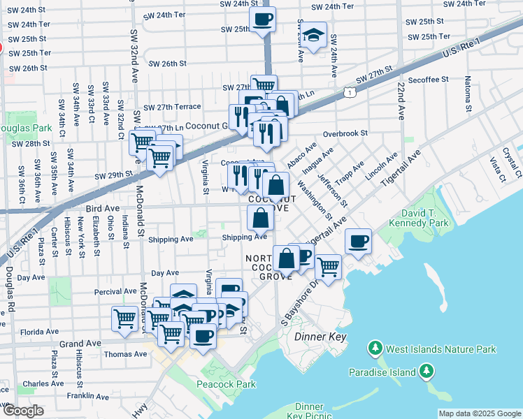 map of restaurants, bars, coffee shops, grocery stores, and more near in Miami