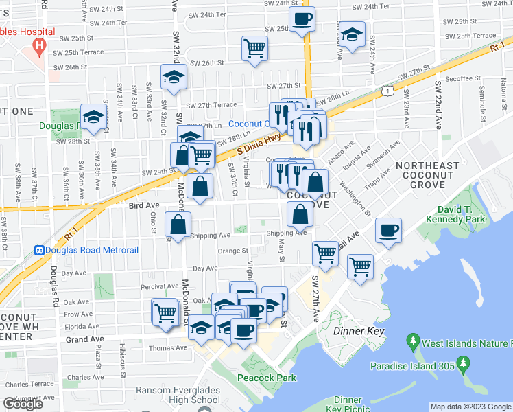 map of restaurants, bars, coffee shops, grocery stores, and more near 2969 Bird Avenue in Miami