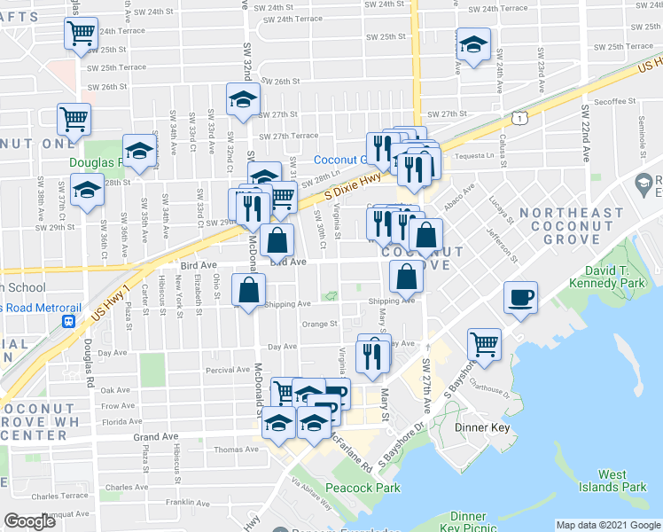 map of restaurants, bars, coffee shops, grocery stores, and more near 2990 Southwest 30th Court in Miami