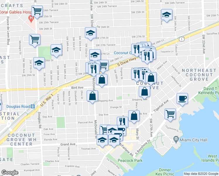 map of restaurants, bars, coffee shops, grocery stores, and more near 3100 Matilda Street in Miami