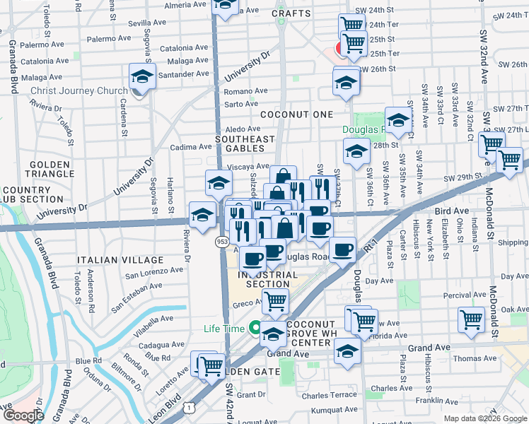 map of restaurants, bars, coffee shops, grocery stores, and more near in Coral Gables